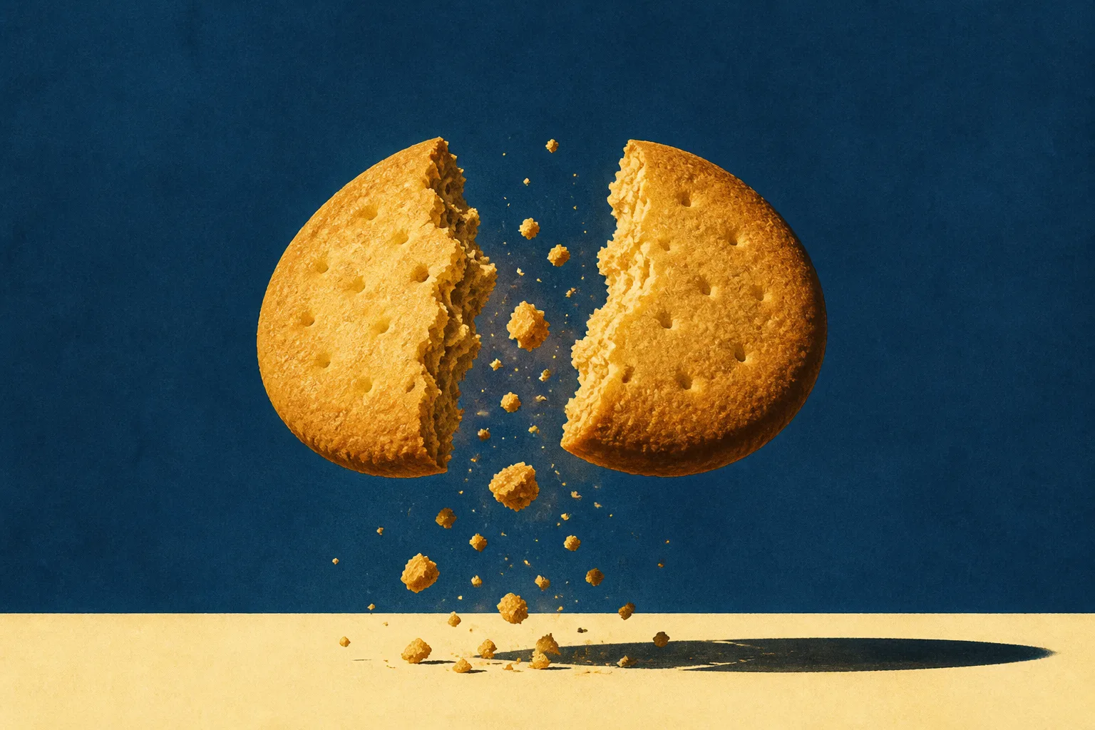 Two halves of a golden biscuit hanging in mid air above a pale surface, a shower of crumbs falling between them