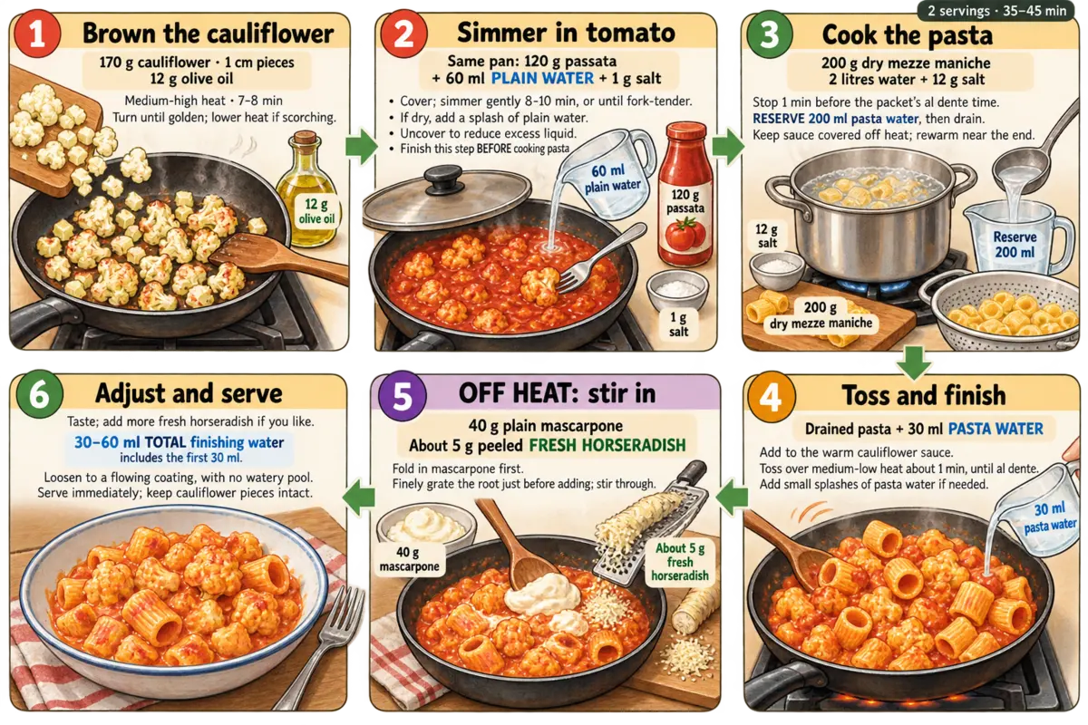 Illustrated recipe card in six steps: brown the cauliflower, simmer it in tomato, cook the pasta, toss it in the sauce, stir in mascarpone and fresh horseradish off the heat, then adjust and serve