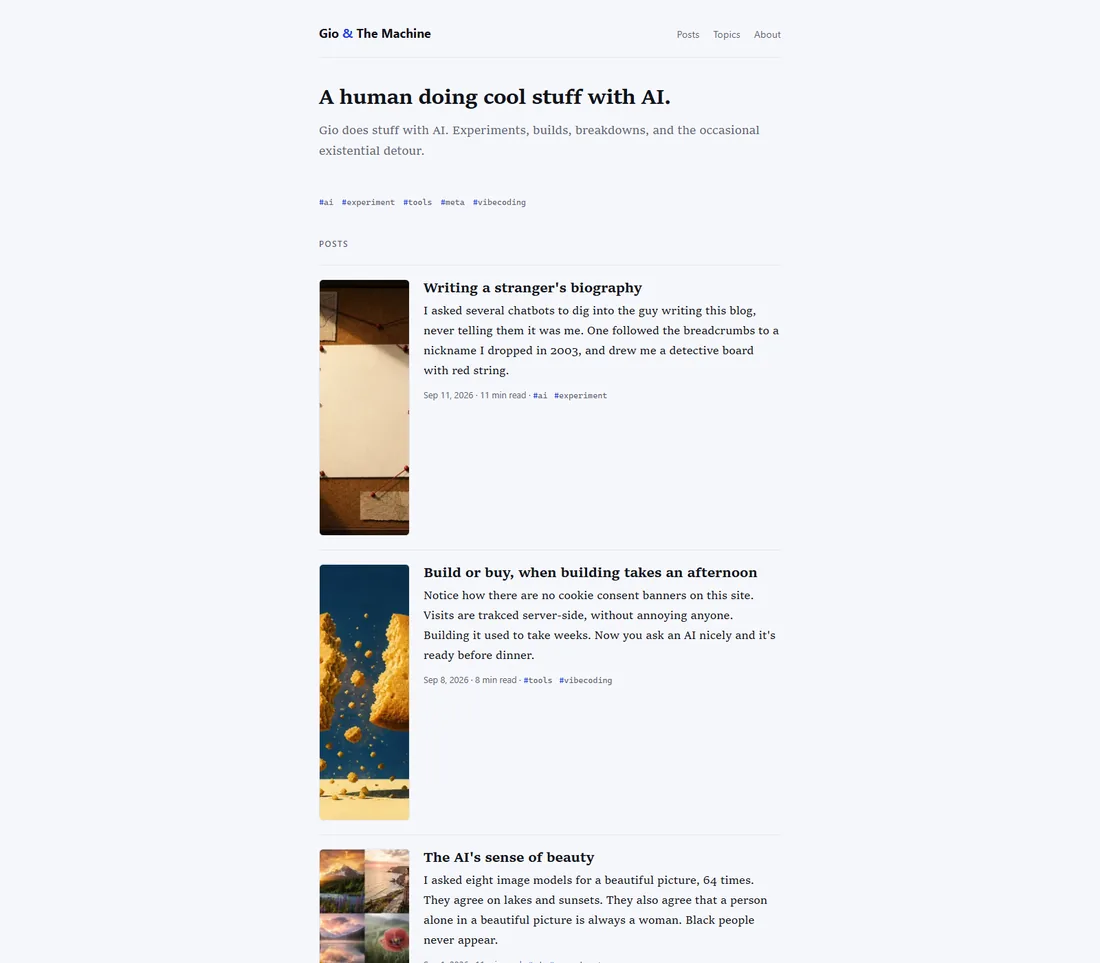 The old home page: a light background, a small title, a short intro line, and a plain vertical list of posts with thumbnails