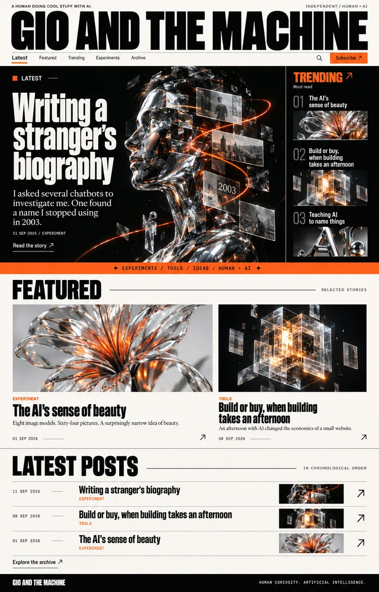 A home page design on a cream background with orange accents, in the same layout as the previous four: giant title, lead story with trending list beside it, featured row, dated list