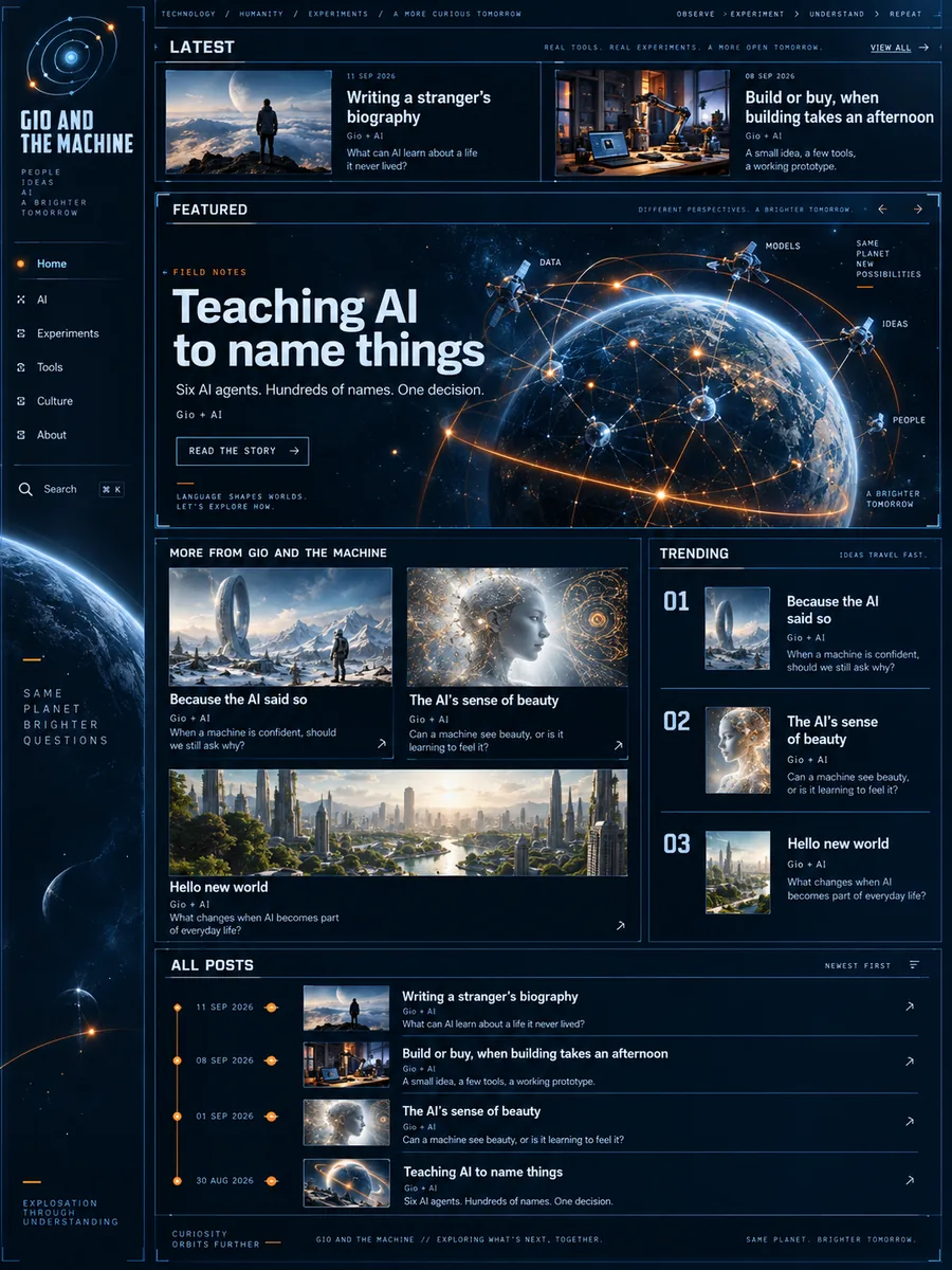 A home page design with navigation down the left side, a large featured panel, cards in the middle and a dated timeline at the bottom, themed around space with planets, satellites and orbital lines