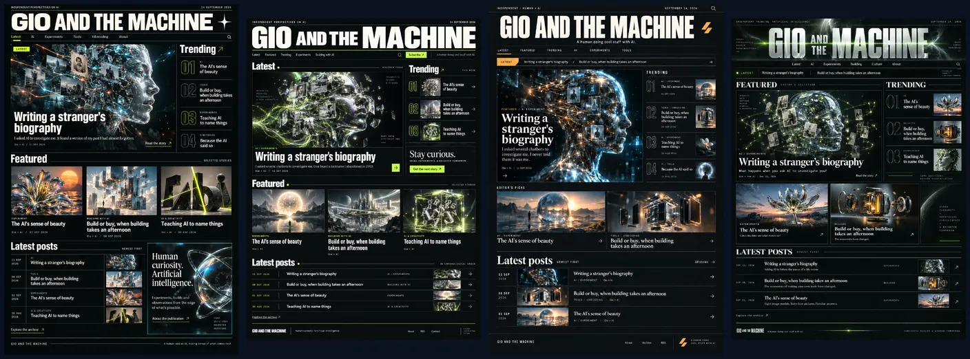 Four home page designs side by side, all with the same structure: a giant title across the top, a large lead story on the left, a numbered trending list on the right, three featured stories in a row, and a dated list at the bottom