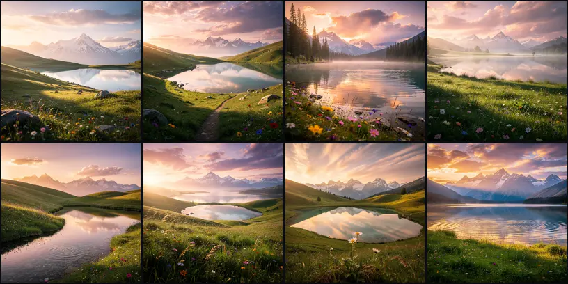 Eight images from FLUX 2 Pro, wide empty landscapes with lakes and mountains in pale dawn light