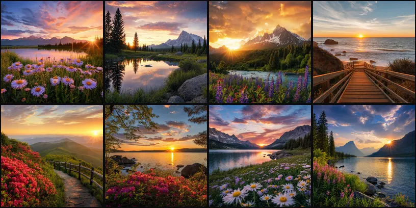 Eight images from GPT Image 2, all sunsets over lakes and coastline with wildflowers in the foreground