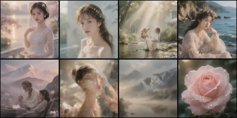 Eight images from HunyuanImage 3, mostly soft-focus painted portraits of a young woman in pale pinks