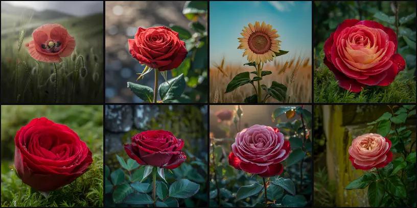Eight images from Ideogram v3, all single flower close-ups, mostly red and pink roses