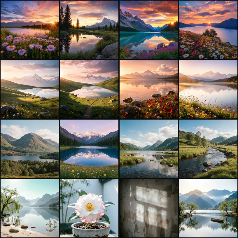 Sixteen images comparing English and Chinese prompts across four models, showing very similar lake and mountain scenes
