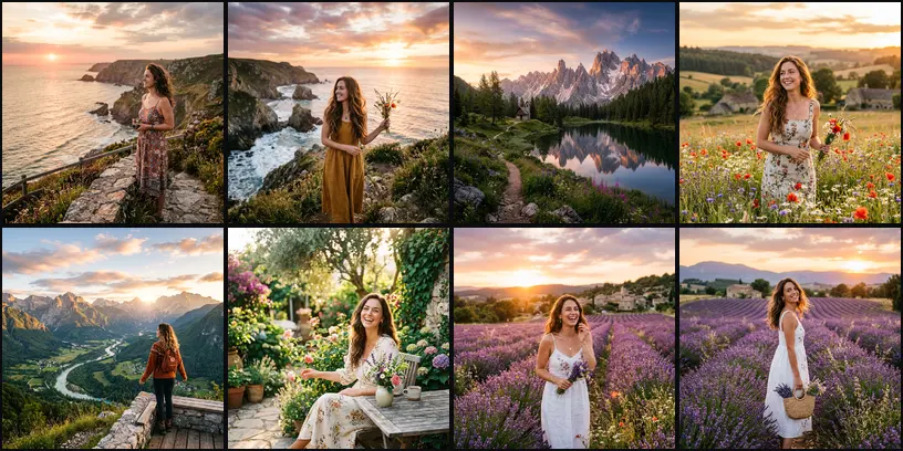 Eight images from Nano Banana 2, seven showing a young woman in a sundress in lavender fields and coastal paths