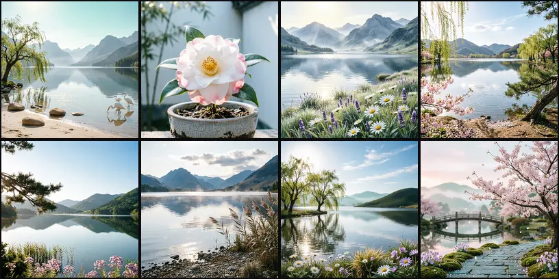 Eight images from Qwen-Image 2, pale lake scenes with willows, cherry blossom and wading birds
