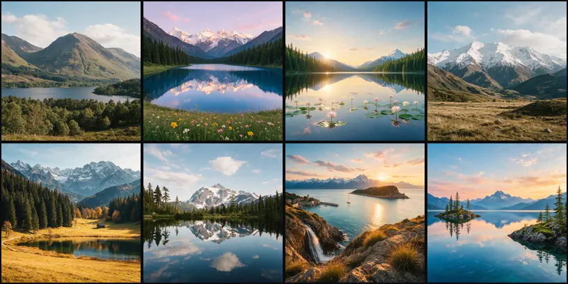 Eight images from Seedream 5 Pro, alpine lakes with snow-capped mountains and pine forest