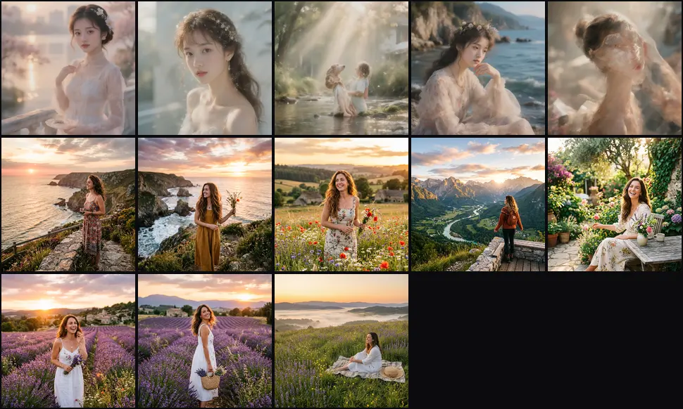 Thirteen images, each showing a single woman alone in a landscape or in close portrait