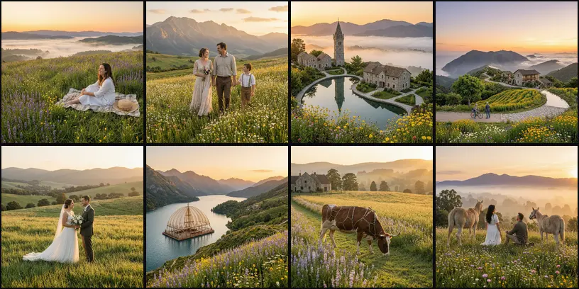 Eight images from Wan 2.7, golden-hour European countryside scenes with villages, weddings and meadows