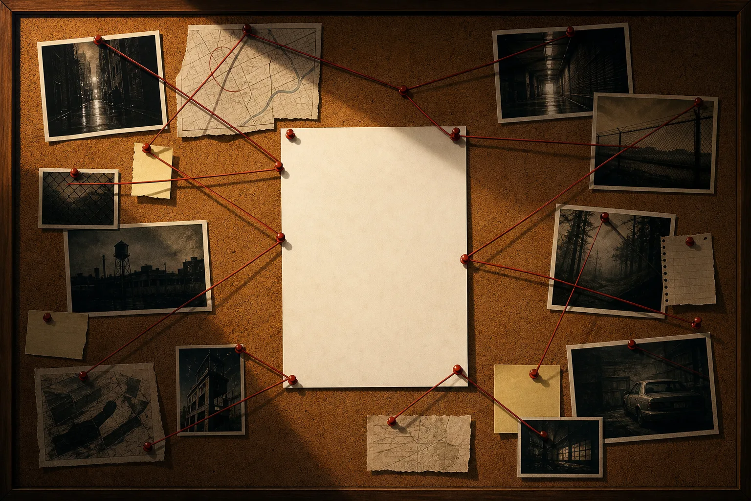 A corkboard of pinned notes and photographs joined by red string, with a blank sheet of paper where the portrait should be