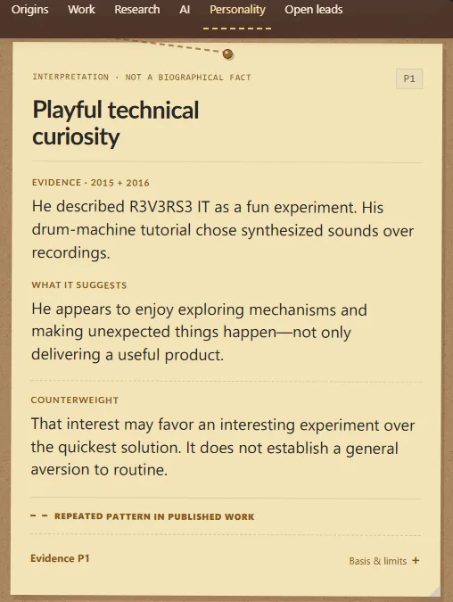 An interactive card titled "Playful technical curiosity", giving evidence from two dated projects, what it suggests about him, and a counterweight paragraph arguing the other side